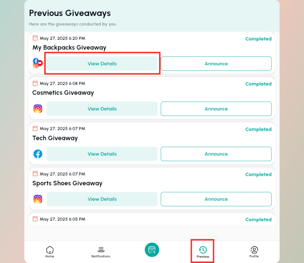 Go to Previous tab, and find your Giveaway and click on View Details