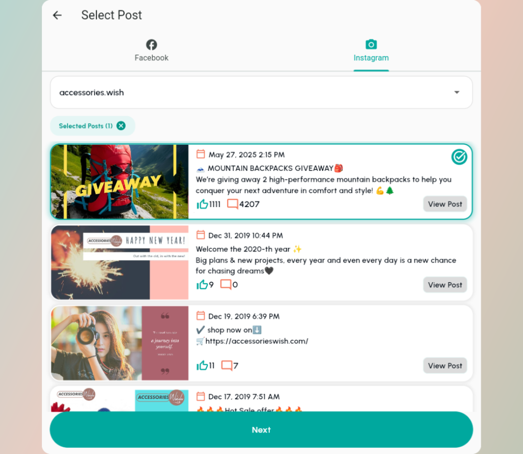 Select the posts you want to pick from on Instagram